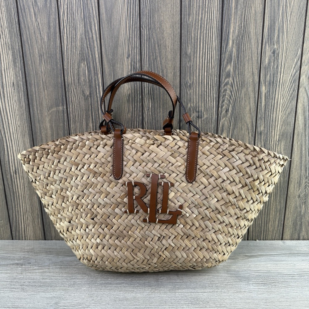 Lauren Ralph Lauren LRL Large Woven Straw Basket Tote Leather Trim Logo Bag